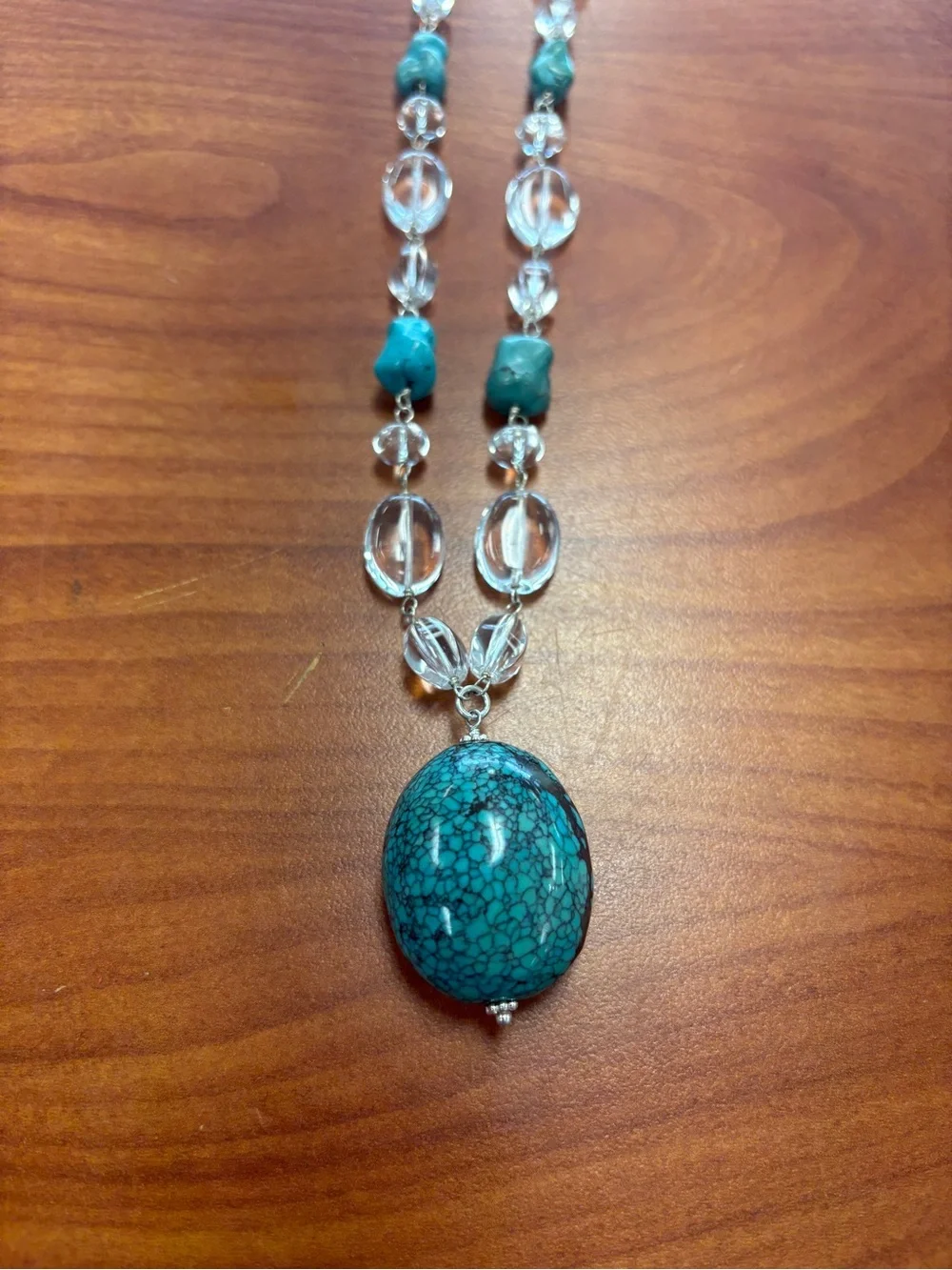 LUC CN 925 Sterling Turquoise Stone Pendant Necklace with Clear Bead Accents
